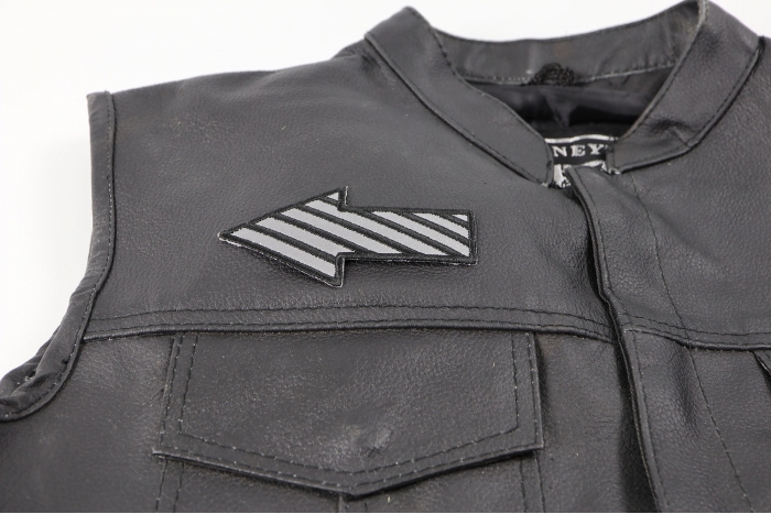 Striped Arrow Reflective Patch - Iron on Patch - 4x2 inch shown on leather vest