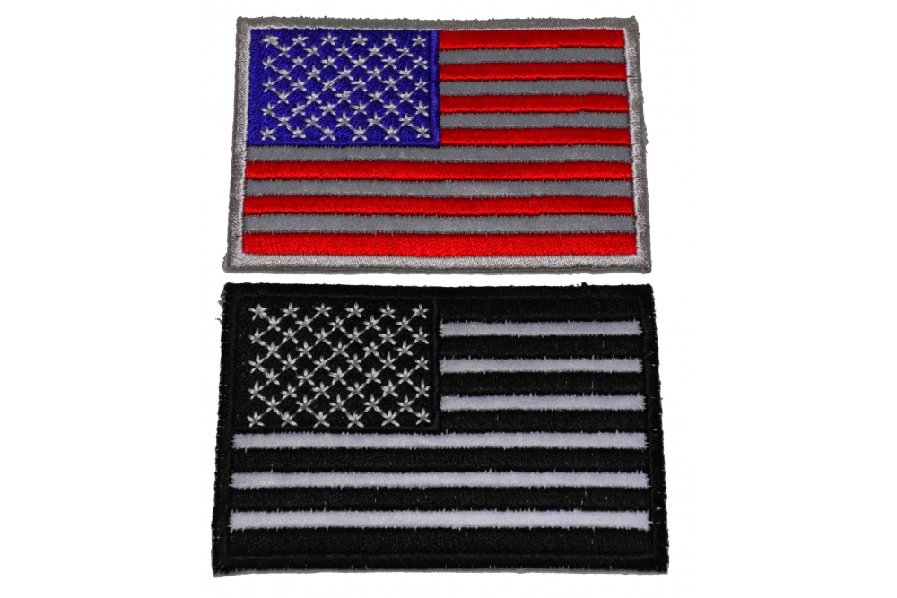 Set of 2 Reflective Stripe American Flag Patches in Color and Black and White