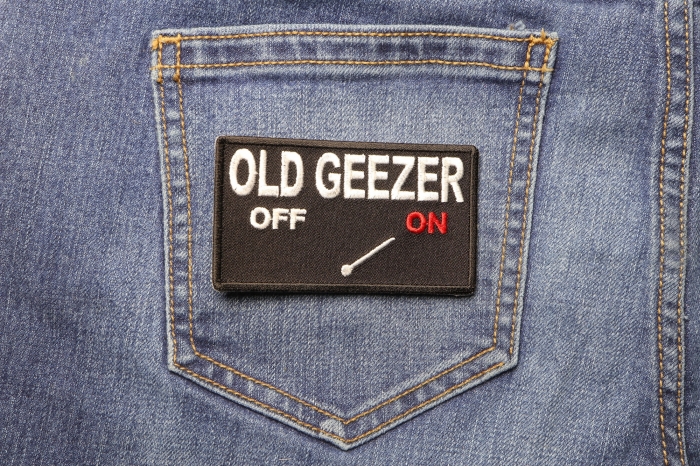 Old Geezer Mode On Patch shown on jeans