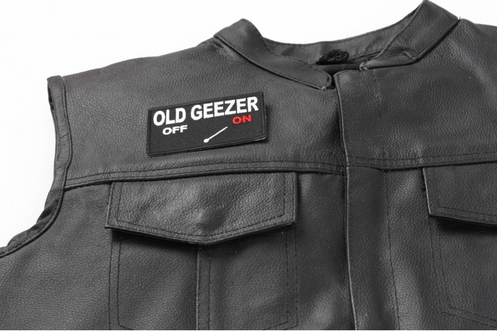 Old Geezer Mode On Patch - Iron on Patch - 3.5x2 inch shown on leather vest
