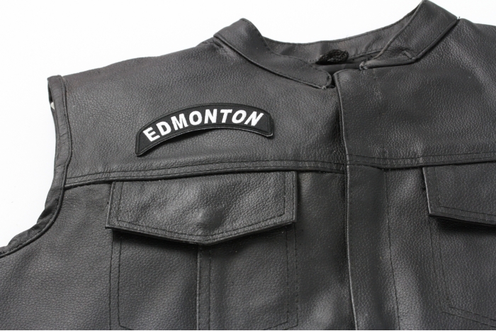 Edmonton City Patch - Iron on Patch - 4x1.75 inch shown on leather vest