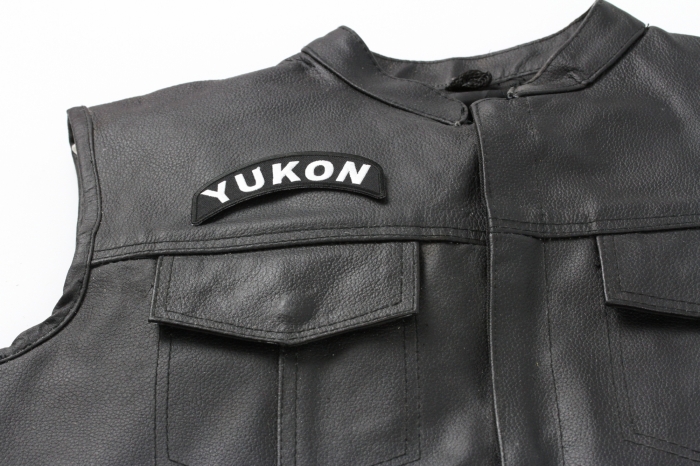 Yukon State Patch - Iron on Patch - 4x1.75 inch shown on leather vest