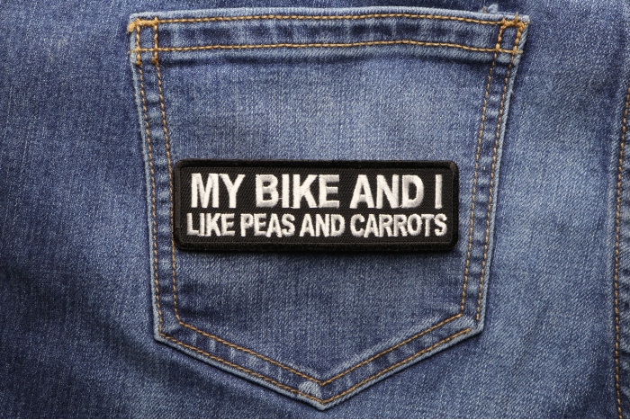 My Bike and I Like Peas and Carrots Patch shown on jeans