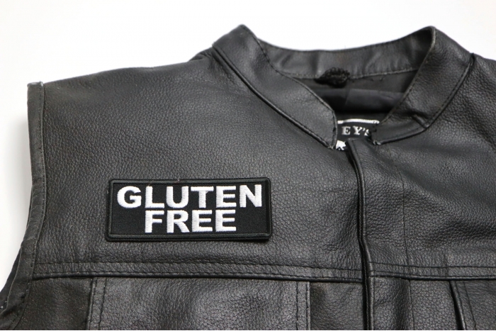 Gluten Free Patch - 4x1.5 inch. Embroidered Iron on Patch shown on leather vest