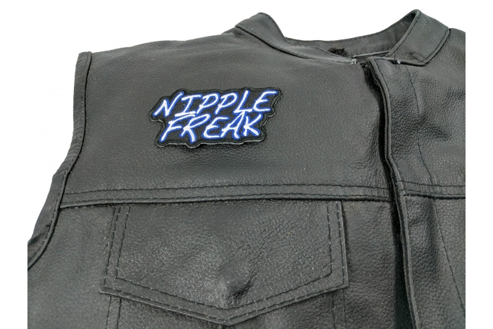 Nipple Freak Patch - Iron on Patch - 3.5x1.75 inch shown on leather vest