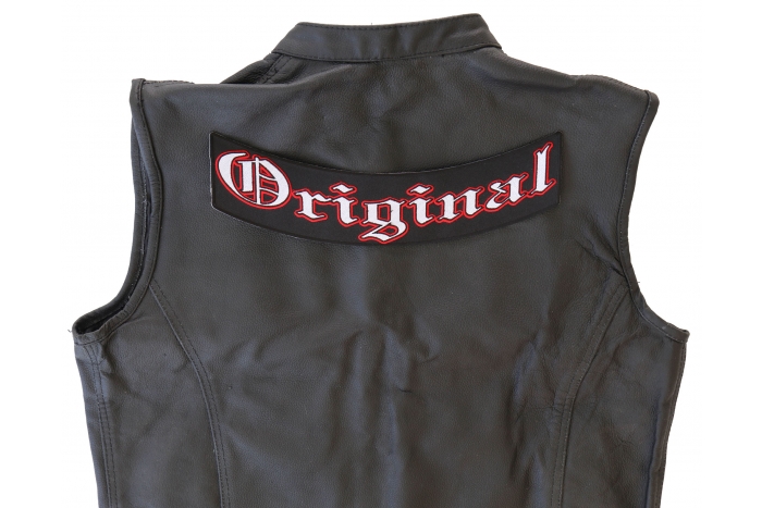 Original Lower Rocker Patch - Iron on Patch - 12x4 inch shown on leather vest
