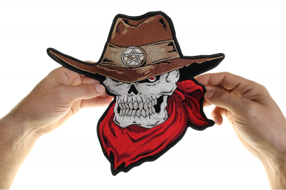 Skull Red Scarf Cowboy Hat Embroidered Iron on Patch - 11x10 inch