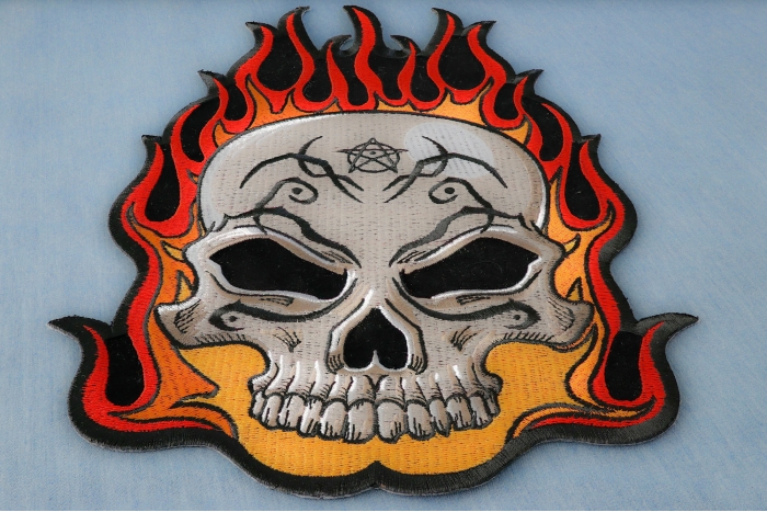 Flaming Tattoo Skull Large Back Patch diagonal view