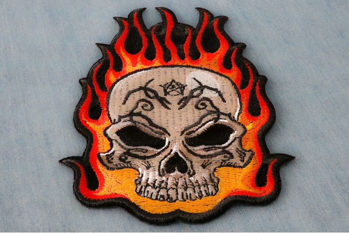 Flaming Tattoo Skull Patch diagonal view