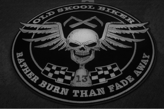 Old Skool Biker Skull Rather Burn Than Fade Away Patch diagonal view