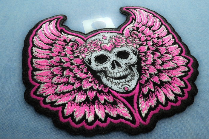 Pink Angel Wings Skull Patch diagonal view