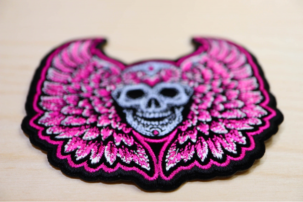 Pink Angel Wings Skull Patch diagonal view