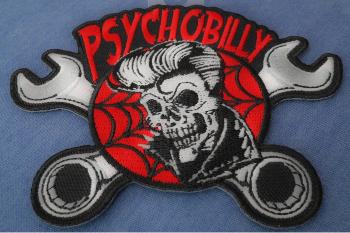Psychobilly Skull and Wrenches Patch diagonal view