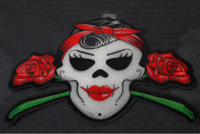 Girly Skull and Roses Patch diagonal view