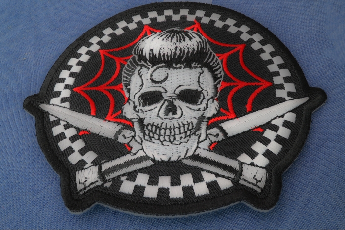 Elvis Hair Skull, Web and Switchblades Patch diagonal view