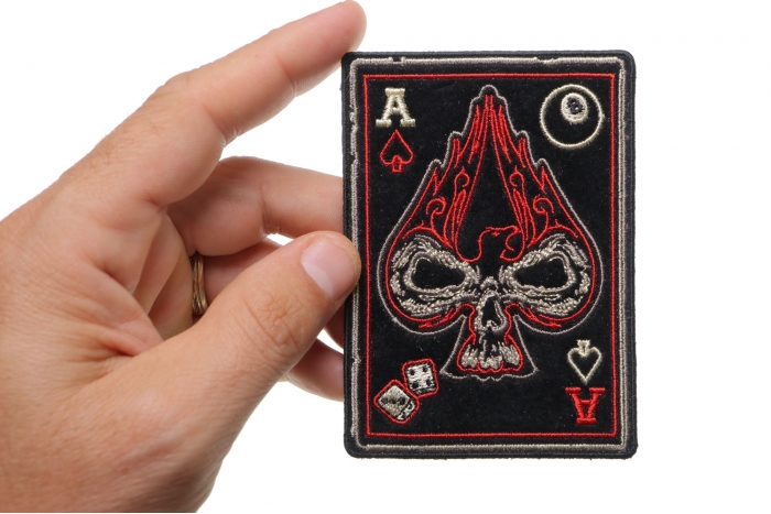 Ace Of Spades Skull Patch, Biker Skull Patches shown on hand for size comparison