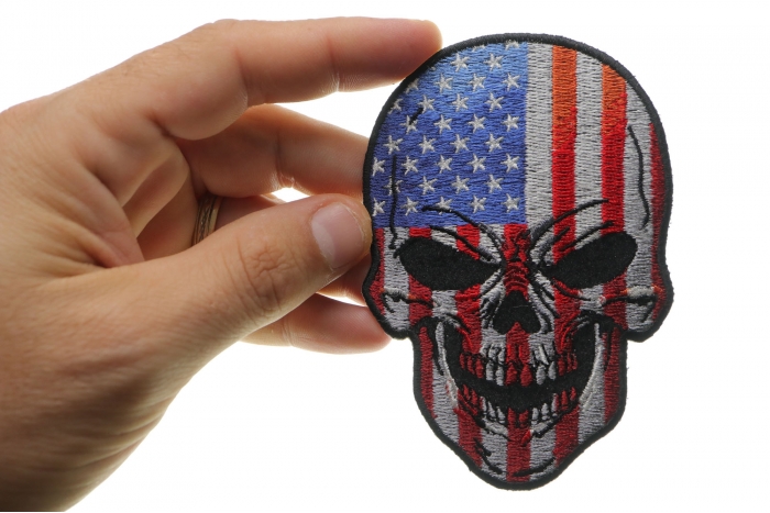 American Flag Skull Patch, Skull Patches shown on hand for size comparison