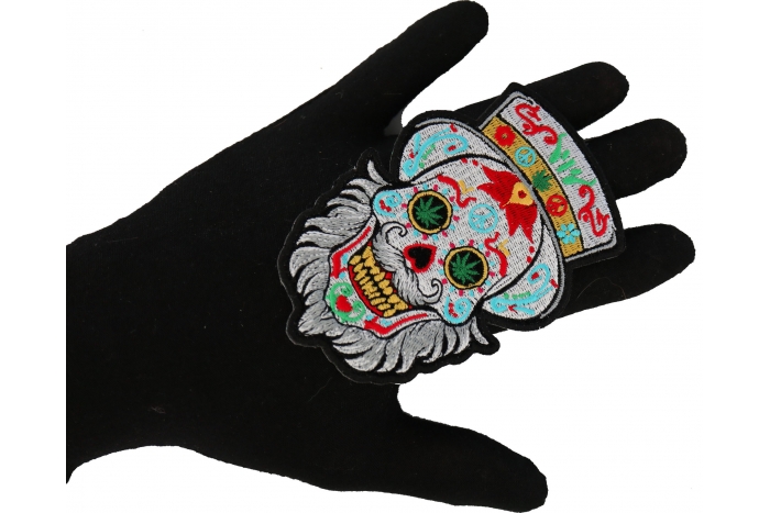 Sugar Skull with Mustache and Beard Patch, Biker Skull Patches shown on hand for size comparison