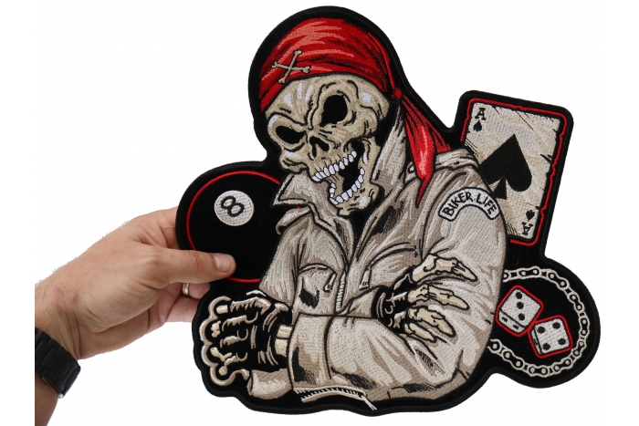 Biker Life Skull, Ace of Spades, 8 Ball and Dice Patch, Large Skull Patches for Biker Jackets shown on hand for size comparison