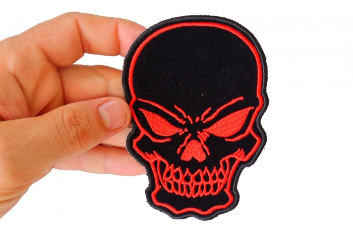 Red Skull Patch, Biker Skull Patches shown on hand for size comparison