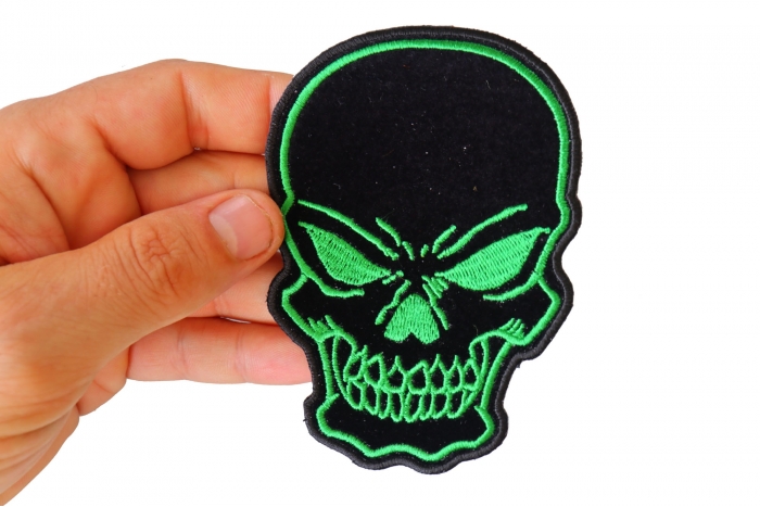 Green Skull Patch, Biker Skull Patches shown on hand for size comparison