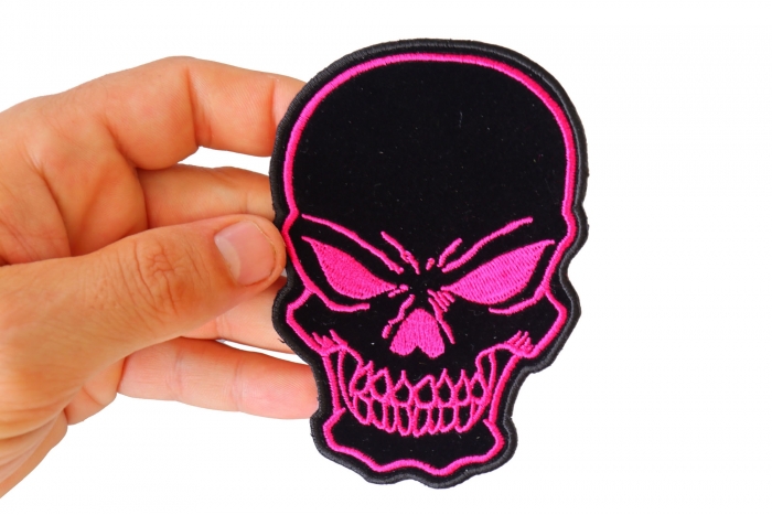 Pink Skull Patch, Biker Skull Patches shown on hand for size comparison