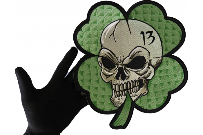 Clover Skull Patch, Large Skull Patches for Back of Jackets shown on hand for size comparison