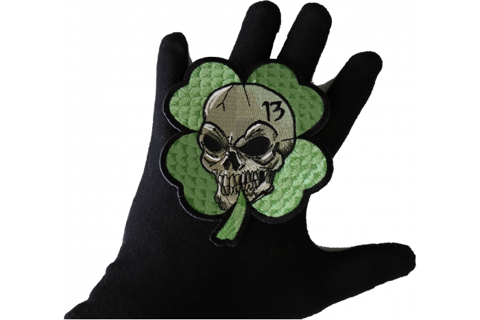 Clover Skull Patch, Biker Skull Patches shown on hand for size comparison