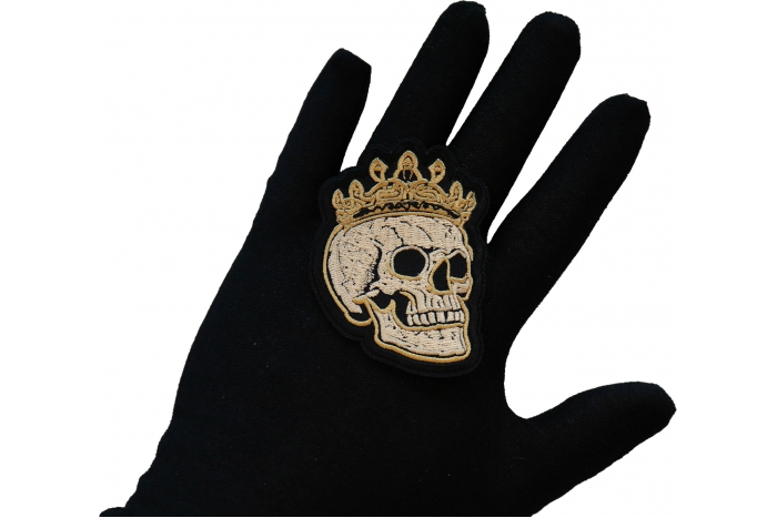 Crown Skull Patch, Skull Patches shown on hand for size comparison