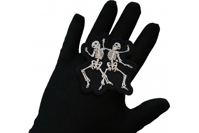 Dancing Skeletons Patch, Skull Patches shown on hand for size comparison