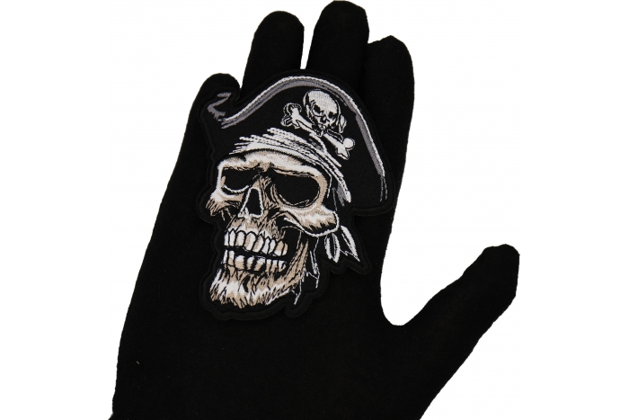 Dead Skull Pirate Patch, Skull Patches shown on hand for size comparison