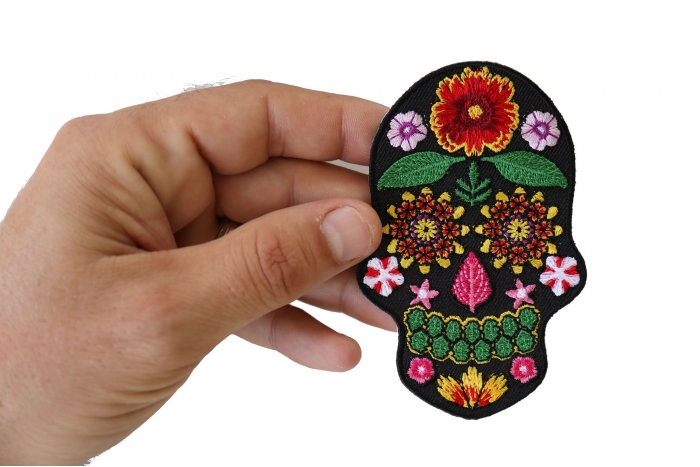 Flower Skull Patch, Skull Patches shown on hand for size comparison