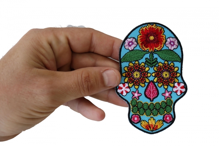 Flower Skull Patch, Skull Patches shown on hand for size comparison