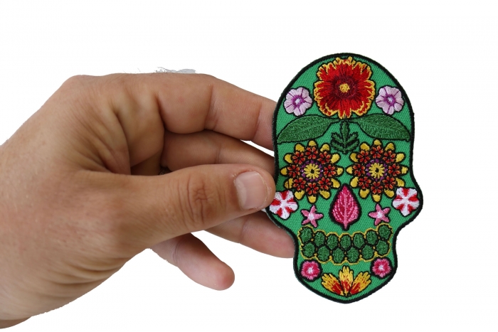 Flower Skull Patch, Skull Patches shown on hand for size comparison