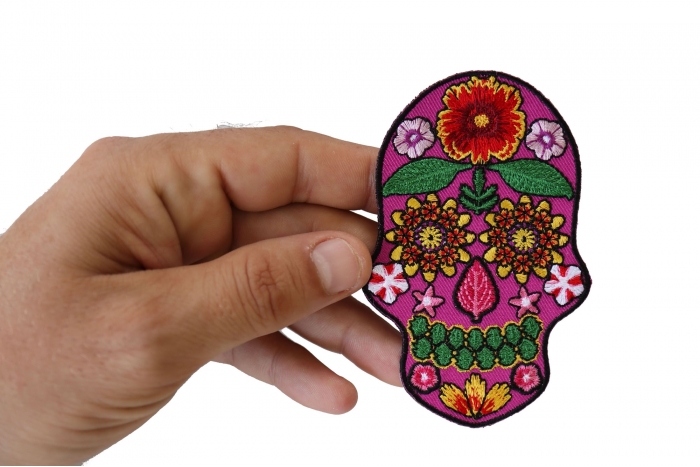 Flowered Skull Patch, Skull Patches shown on hand for size comparison