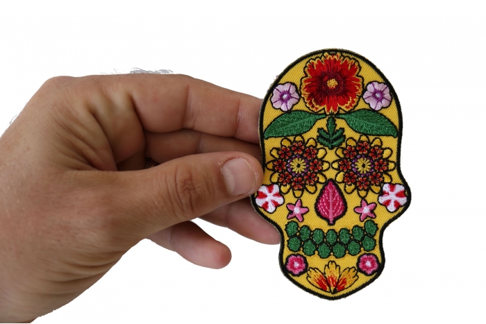 Flower Skull Patch, Skull Patches shown on hand for size comparison