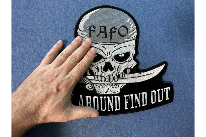 Fuck Around Find Out Skull with Dagger in Mouth Patch, Large Skull Patches for Back of Jackets shown on hand for size comparison