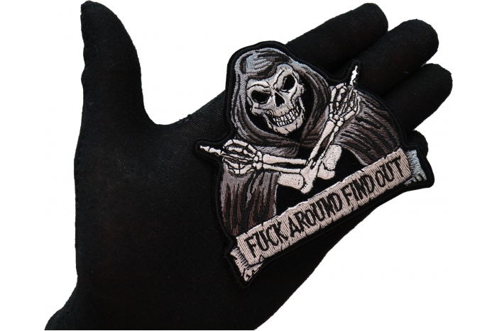 Fuck Around Find Out Skull Middle Finger Patch, Skull Patches shown on hand for size comparison