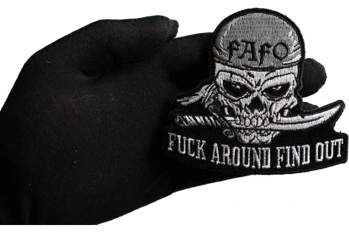 Fuck Around Find Out Skull Patch, Skull Patches shown on hand for size comparison