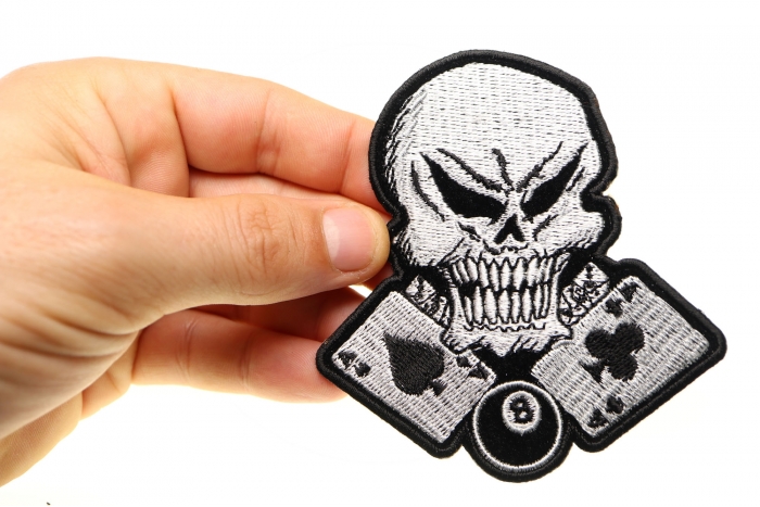 Aces, 8 Ball and Skull Patch, Biker Skull Patches shown on hand for size comparison