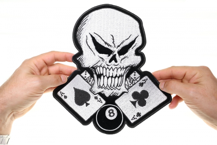 Ace of Spades, 8 Ball and Dice Skull Patch, Large Skull Patches for Biker Jackets shown on hand for size comparison