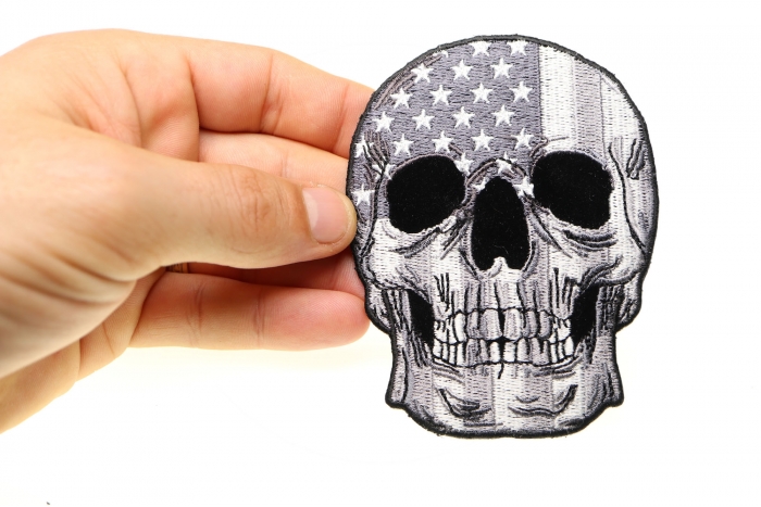 American Flag Skull Patch, Skull Patches shown on hand for size comparison