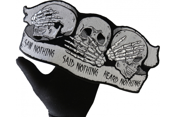Heard Nothing Saw Nothing Said Nothing Skulls Patch, Large Skull Patches for Back of Jackets shown on hand for size comparison