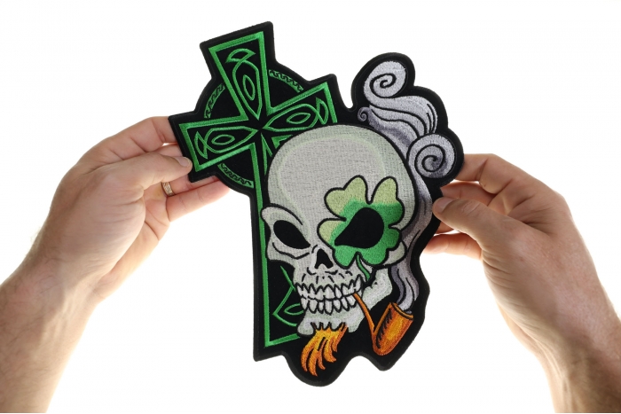 Irish Cross Skull Goaty and Pipe Patch, Large Skull Patches for Biker Jackets shown on hand for size comparison