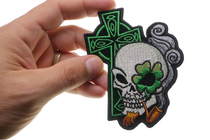 Irish Skull Cross Smoking Pipe Patch, Biker Skull Patches shown on hand for size comparison