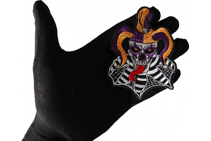 Jester Clown Skull Patch, Biker Skull Patches shown on hand for size comparison