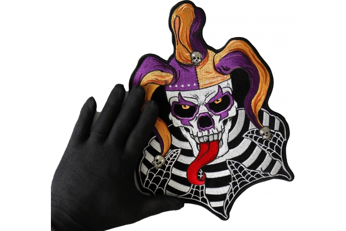Jester Clown Skull Patch, Large Skull Patches for Back of Jackets shown on hand for size comparison