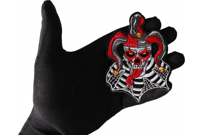 Jester Skull Patch, Biker Skull Patches shown on hand for size comparison