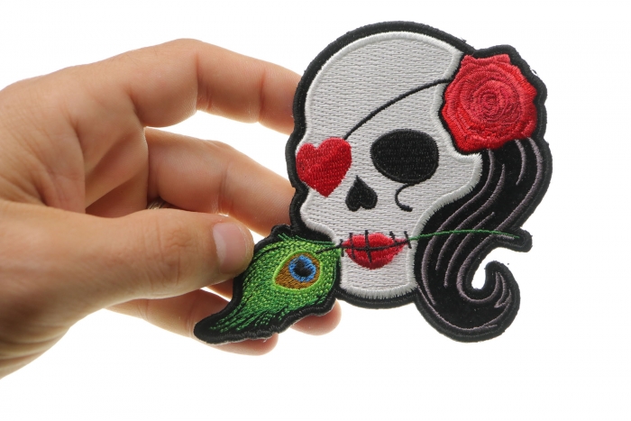Heart Eye Lady Skull Patch, Skull Patches shown on hand for size comparison