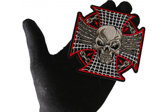 Maltese Skull Patch, Biker Skull Patches shown on hand for size comparison